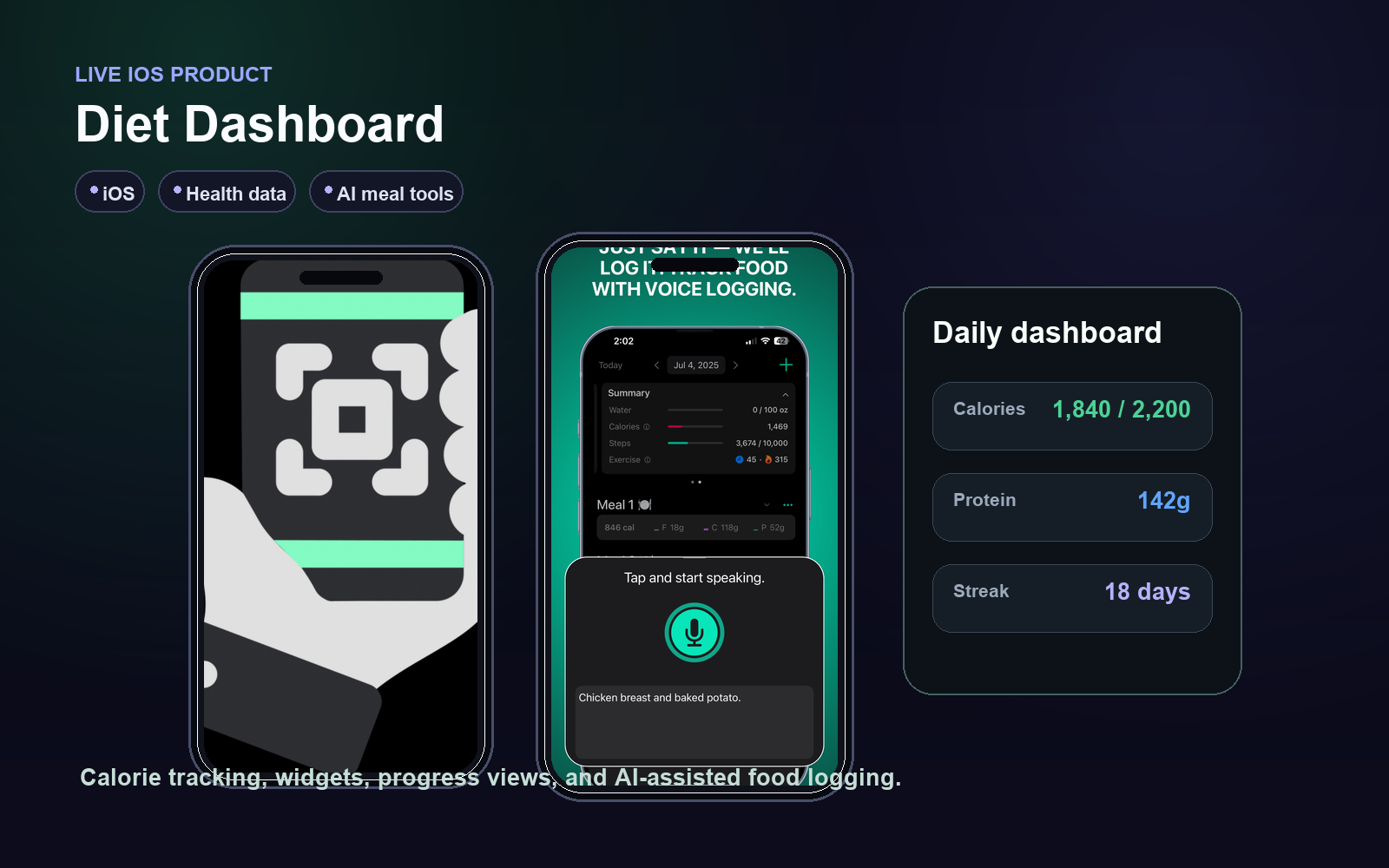 Mobile nutrition tracking product preview on a dark presentation background.